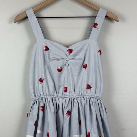 Lindy Bop Bambi Blue Holland Print Swing Dress Pin Up Retro Sz 4 50s Rockabilly - Picture 3 of 11